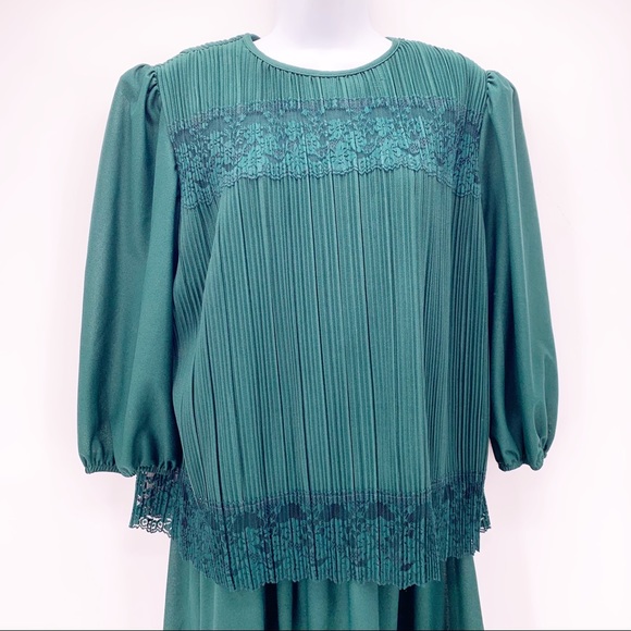 VINTAGE 80s Green Lace Pleated Party Dress Sz L - Picture 2 of 7